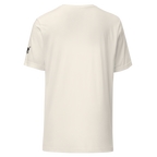 Cream slot-themed t-shirt with black logo on sleeve, back view for casino players