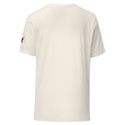 Cream slot-themed t-shirt with black logo on sleeve, back view for casino players