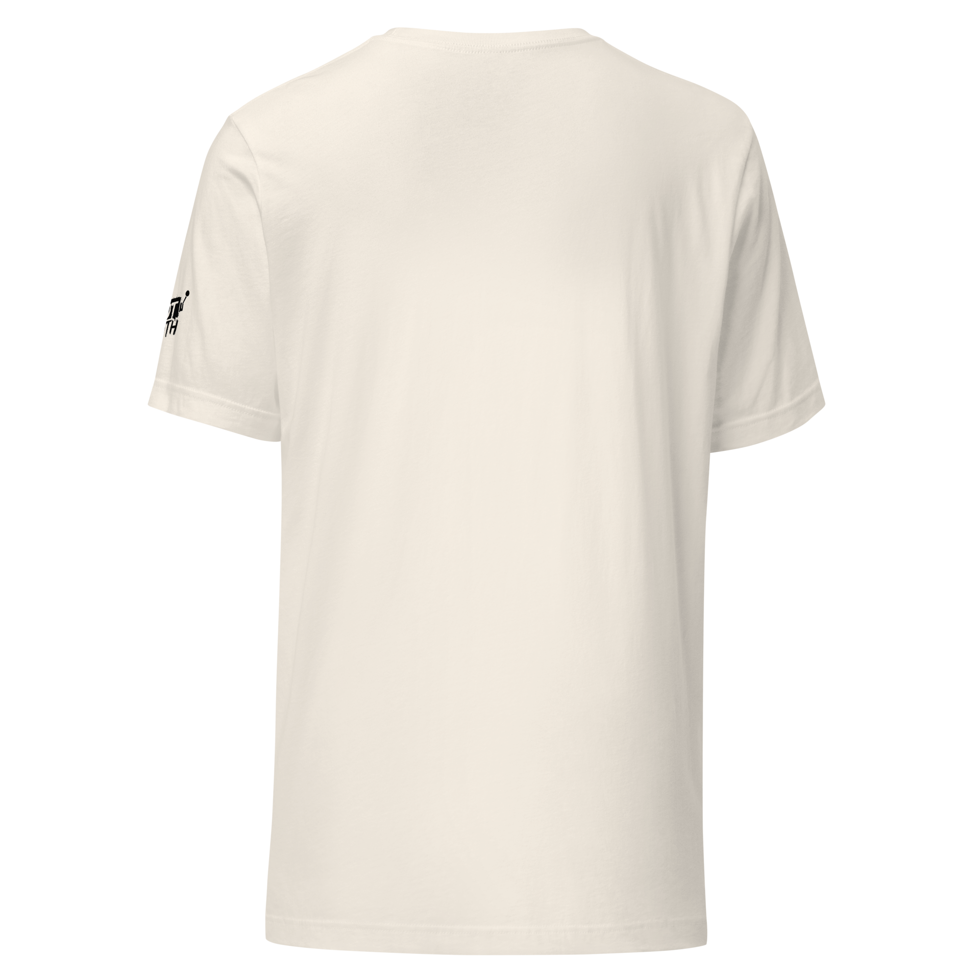 Cream slot-themed t-shirt with black logo on sleeve, back view for casino players