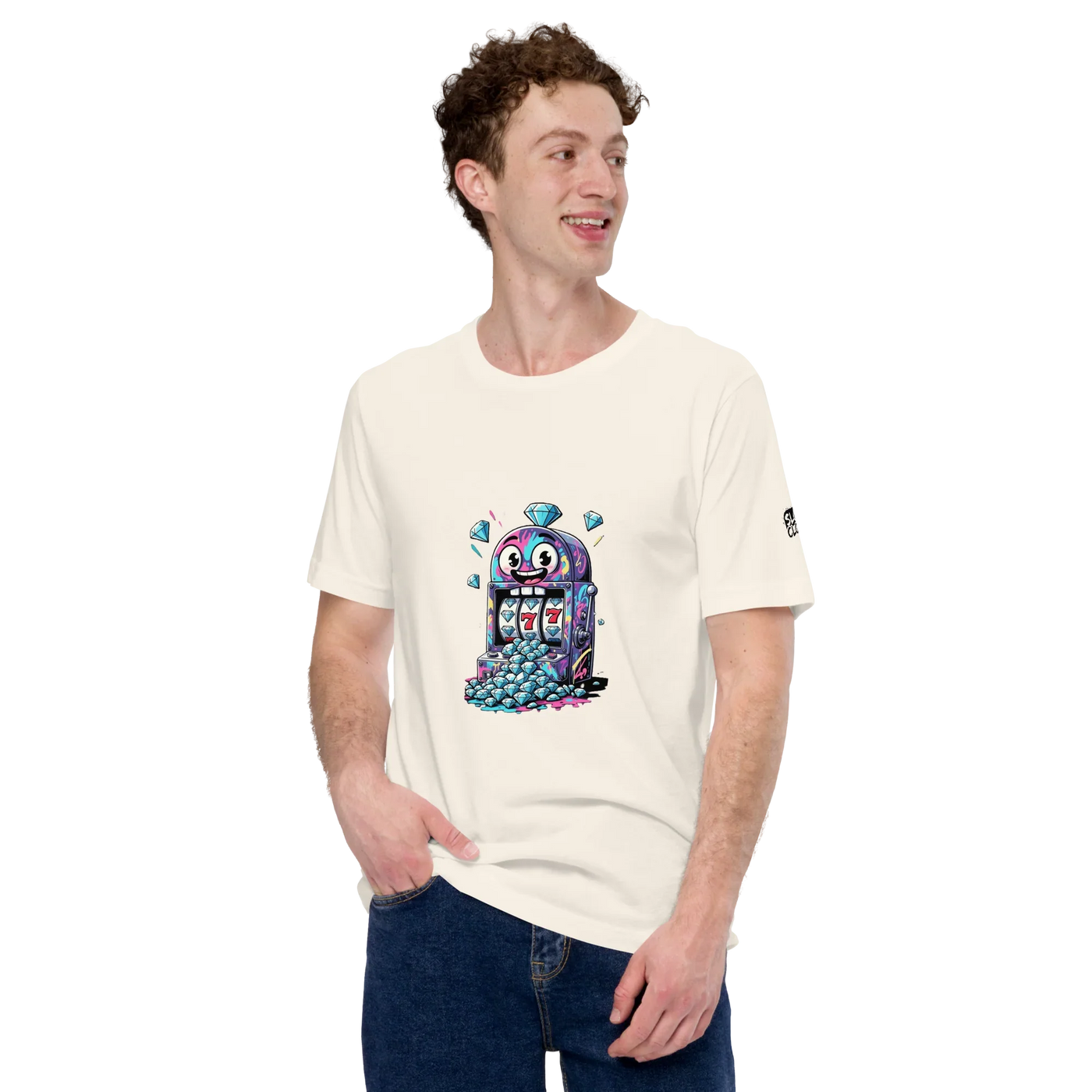 Man wearing cream t-shirt with colorful slot machine graphic, diamonds, and lucky 7s design