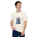 Man wearing cream t-shirt with colorful slot machine graphic, diamonds, and lucky 7s design