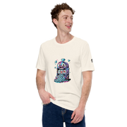 Man wearing cream t-shirt with colorful slot machine graphic, diamonds, and lucky 7s design