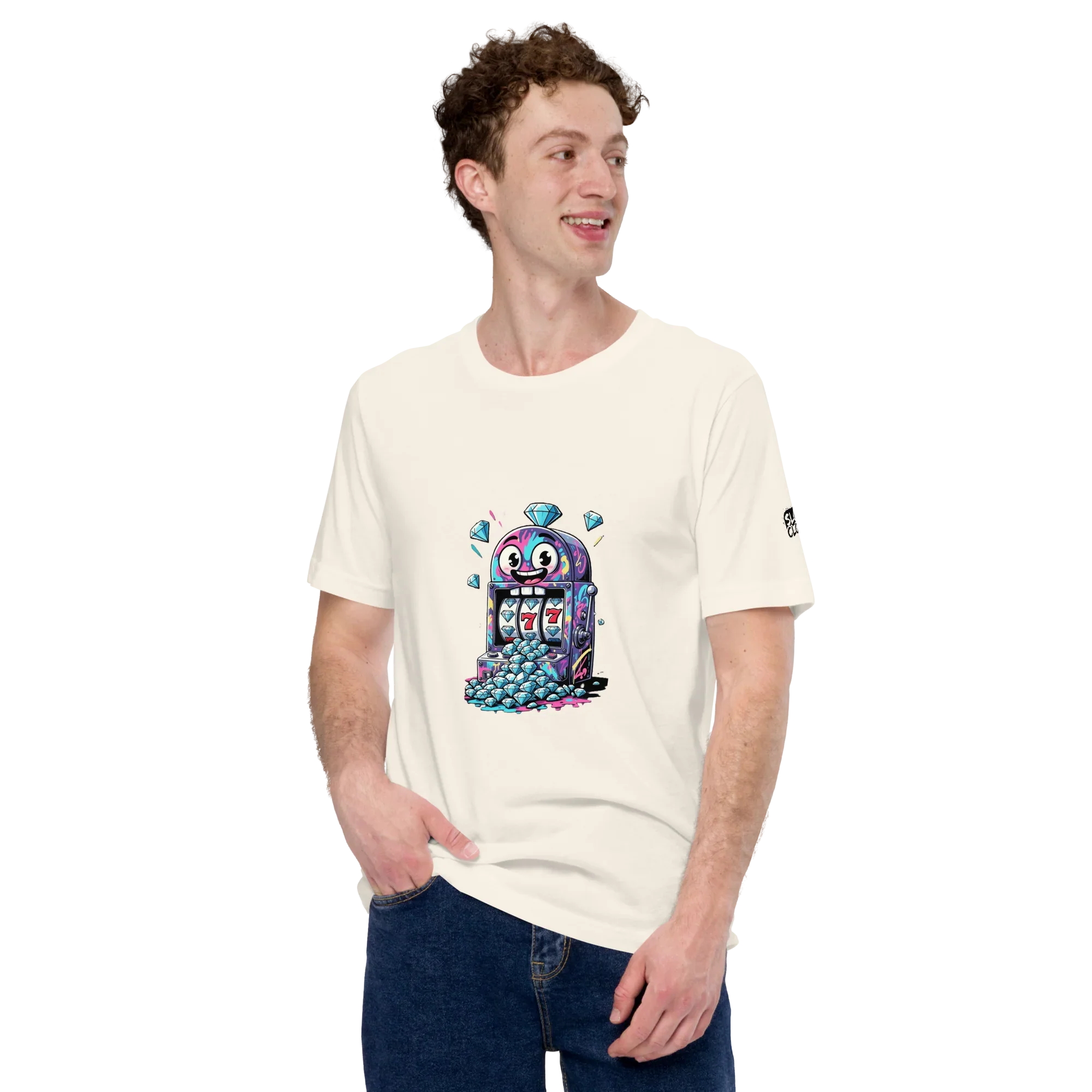 Man wearing cream t-shirt with colorful slot machine graphic, diamonds, and lucky 7s design