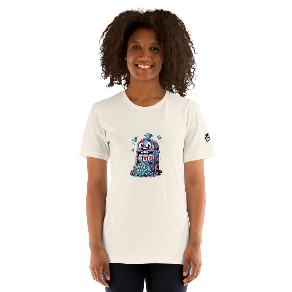 White t-shirt with colorful slot machine graphic, perfect for casino lovers and players
