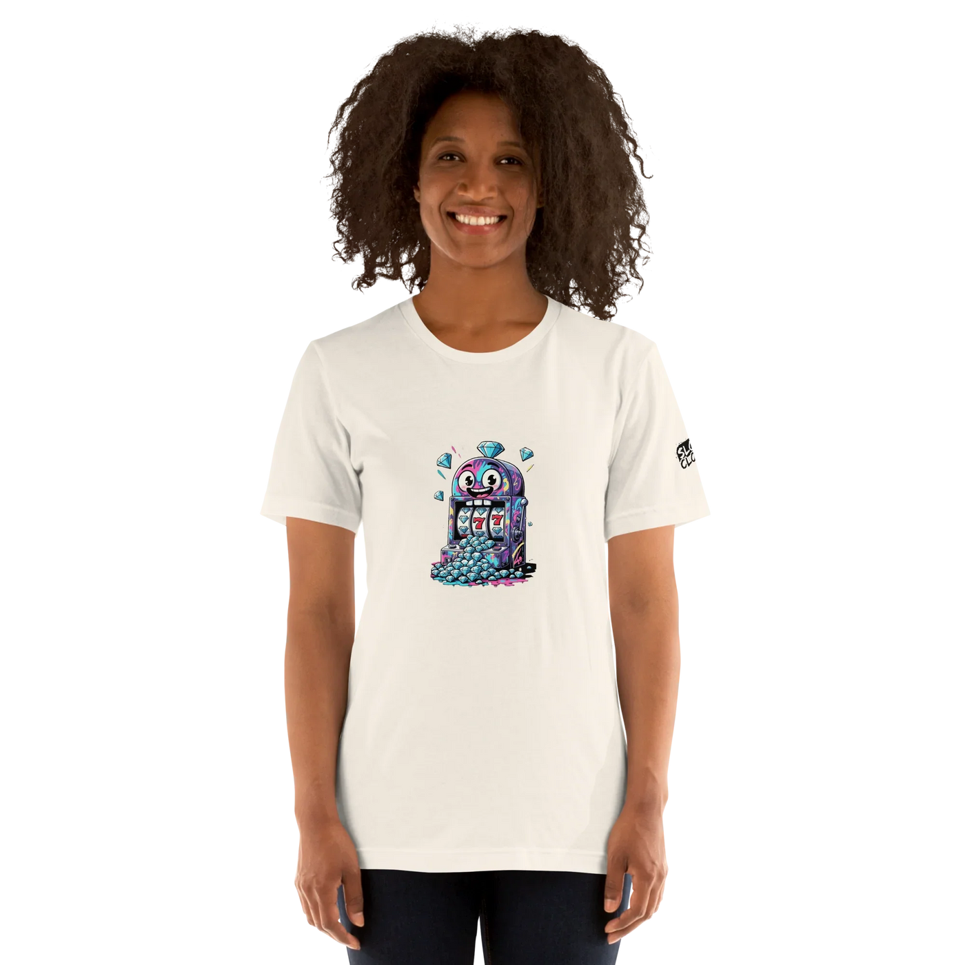 White t-shirt with colorful slot machine graphic, perfect for casino lovers and players