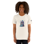 White t-shirt with colorful slot machine graphic, perfect for casino lovers and players