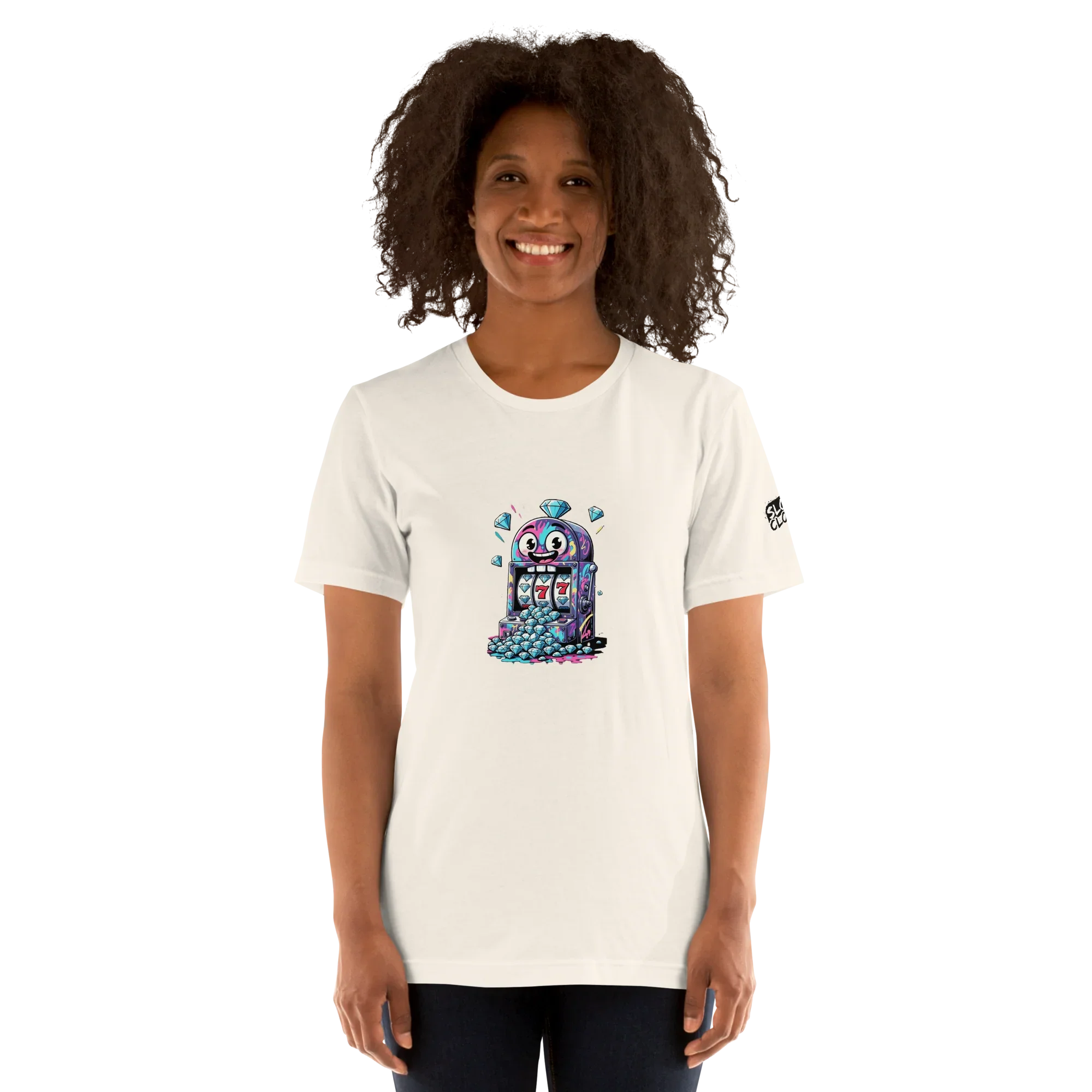 White t-shirt with colorful slot machine graphic, perfect for casino lovers and players