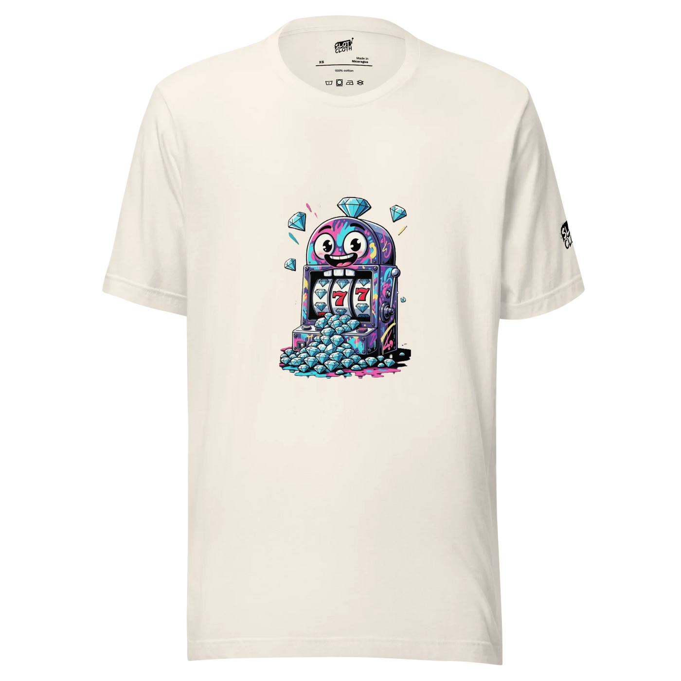 Quirky slot machine t-shirt with diamond graphics and lucky 7s design