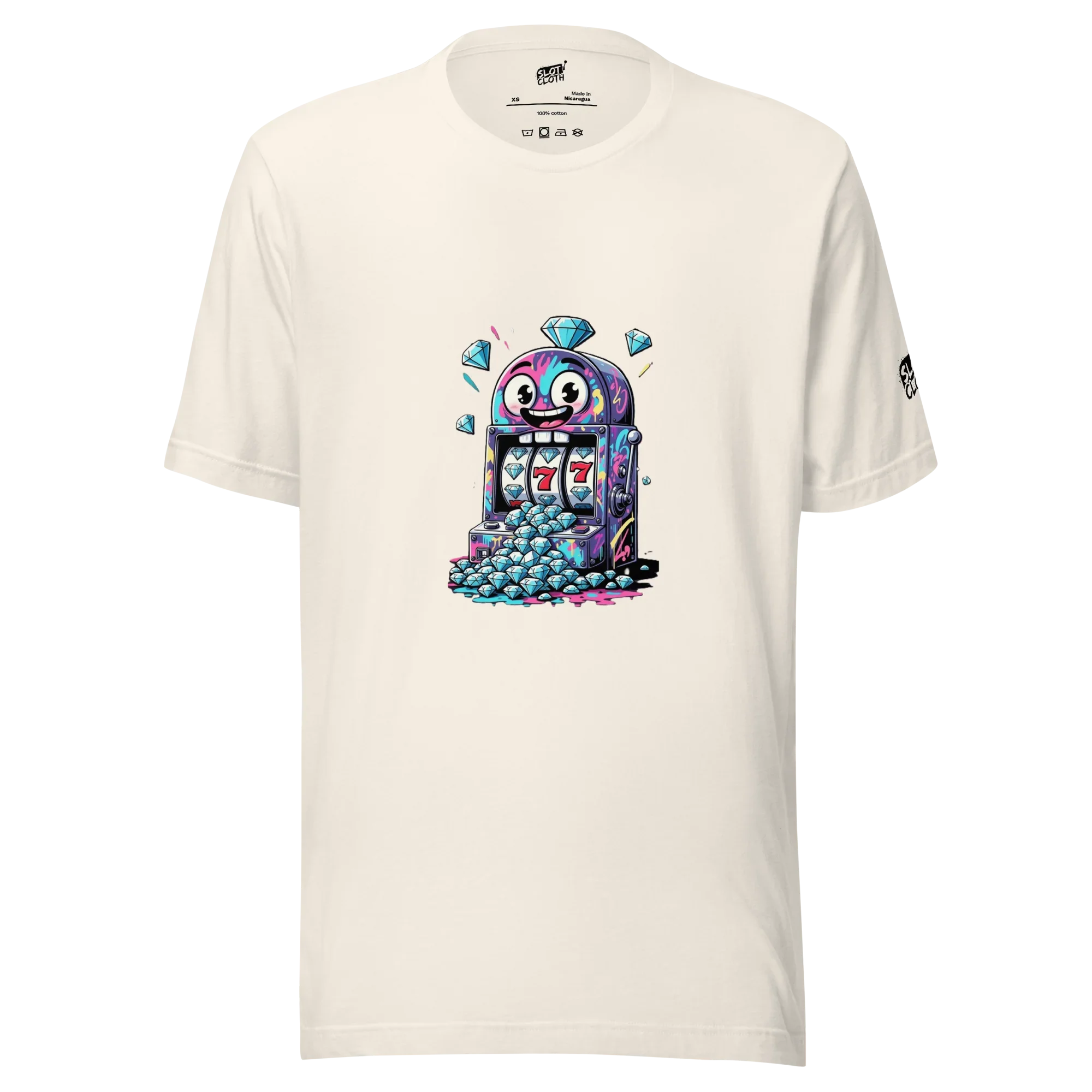 Quirky slot machine t-shirt with diamond graphics and lucky 7s design