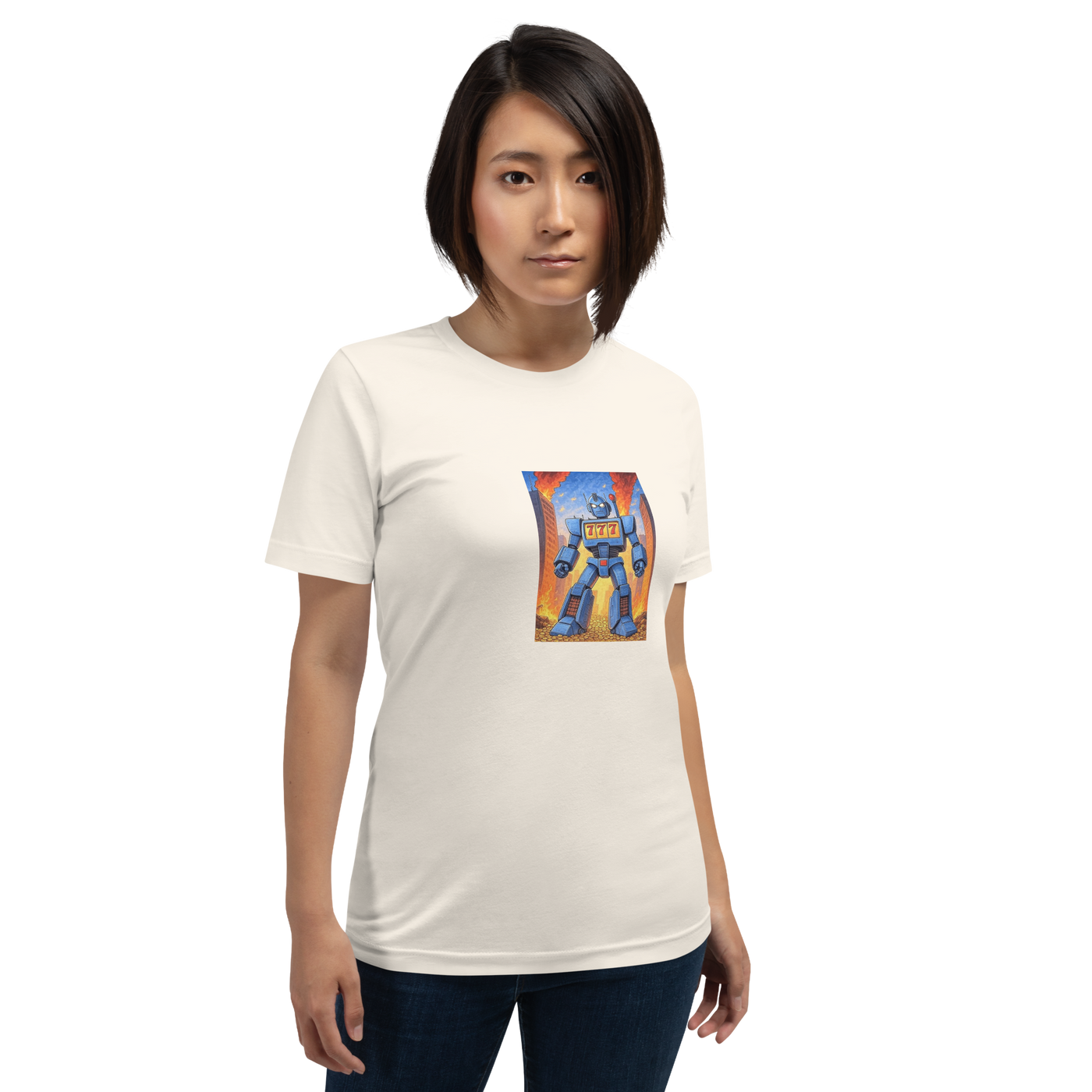 Woman wearing white t-shirt with blue robot and 777 design, slot-themed clothing
