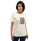 Woman wearing white t-shirt with blue robot and 777 design, slot-themed clothing