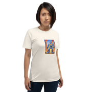 Woman wearing white t-shirt with blue robot and 777 design, slot-themed clothing