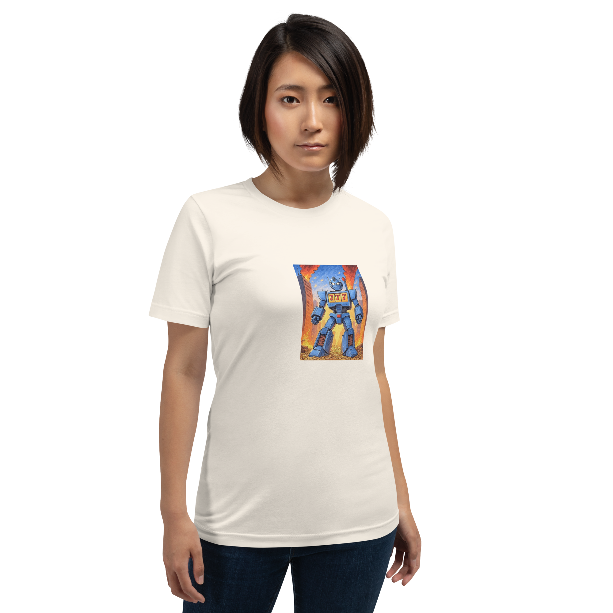 Woman wearing white t-shirt with blue robot and 777 design, slot-themed clothing