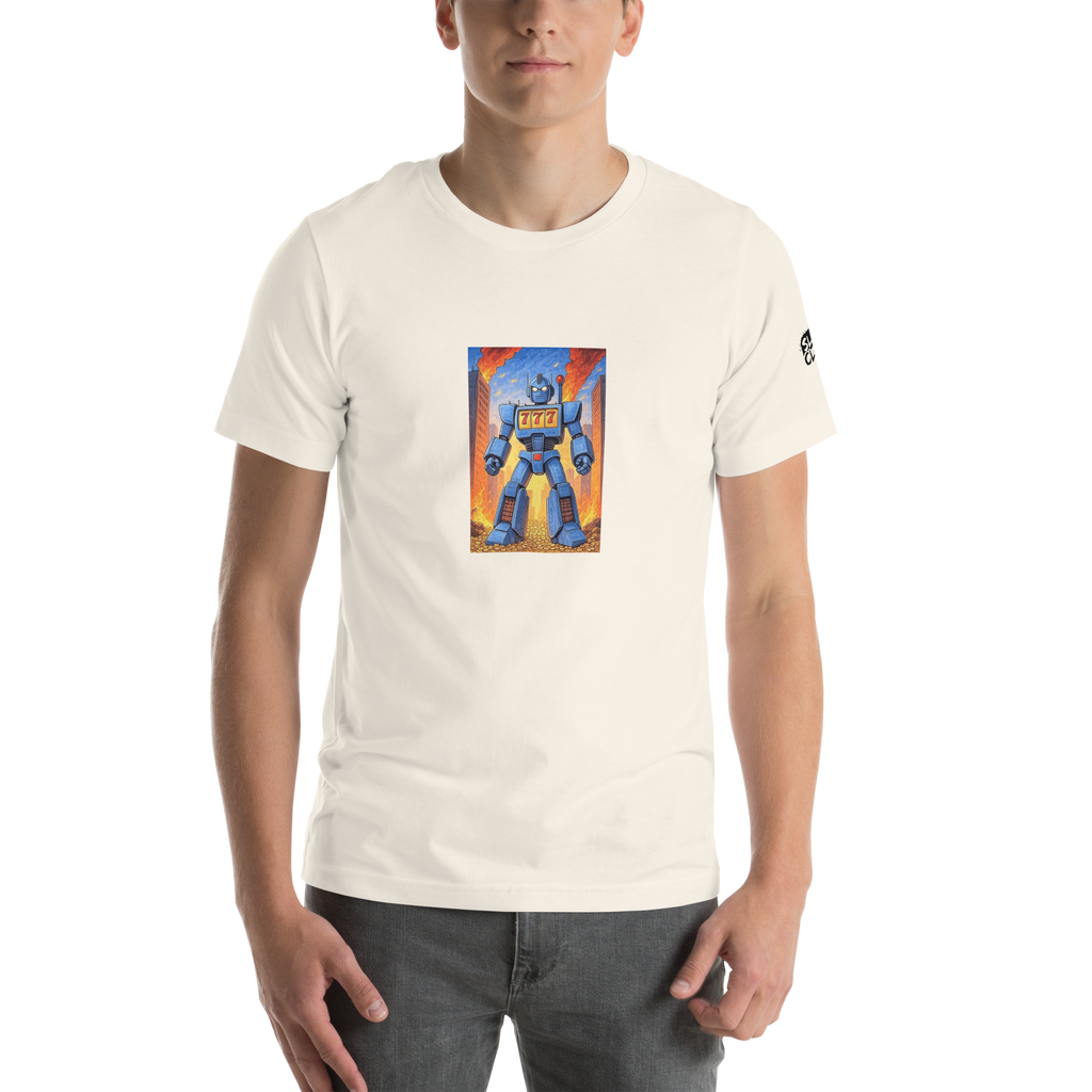 Cream t-shirt with blue robot slot machine design, 777 on chest, fiery city background