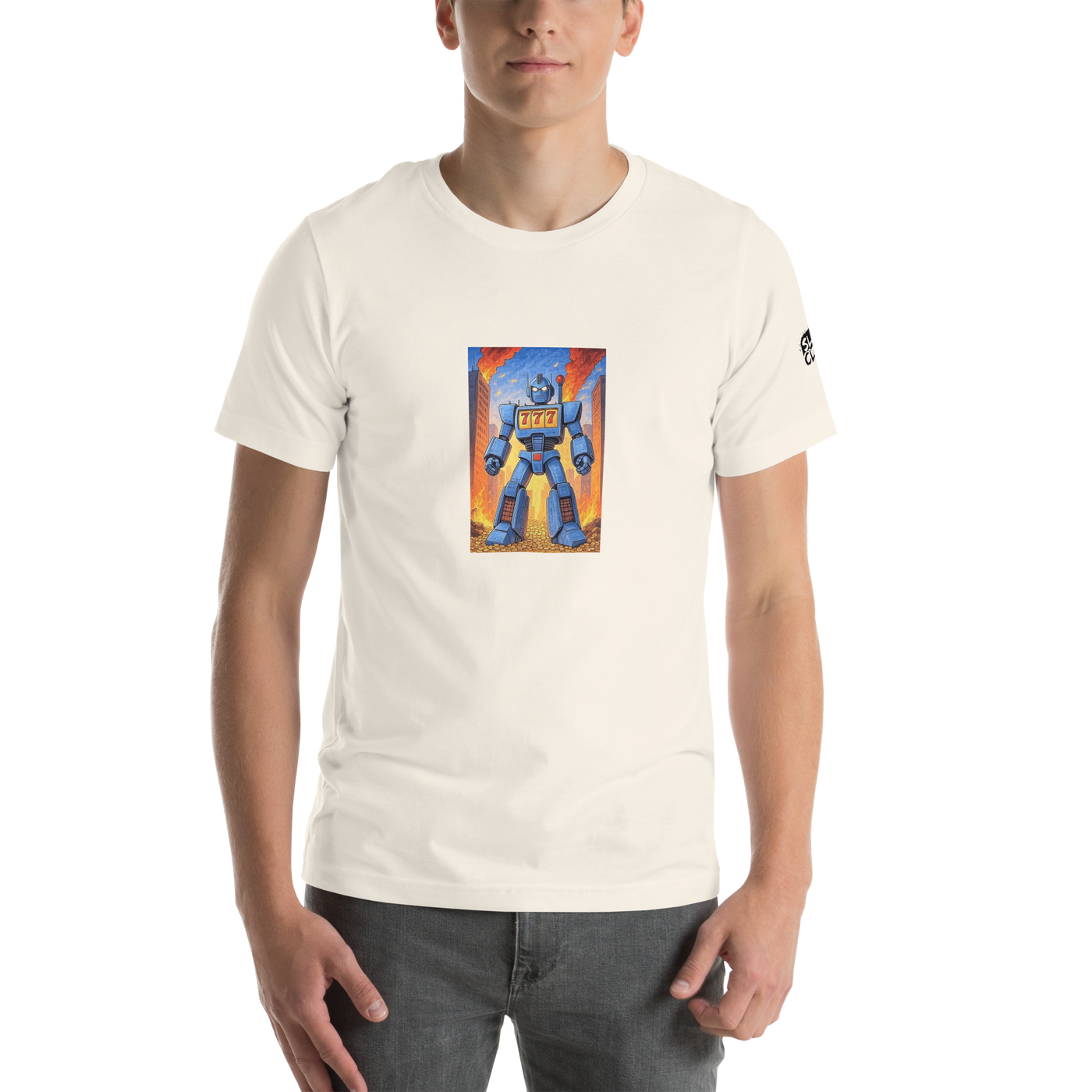 Cream t-shirt with blue robot slot machine design, 777 on chest, fiery city background