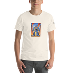 Cream t-shirt with blue robot slot machine design, 777 on chest, fiery city background