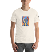 Cream t-shirt with blue robot slot machine design, 777 on chest, fiery city background