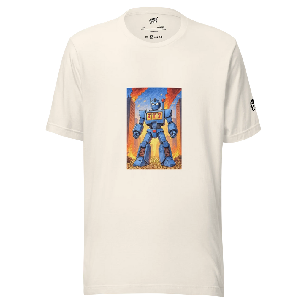 Blue robot with 777 slot design on cream t-shirt, fiery city backdrop