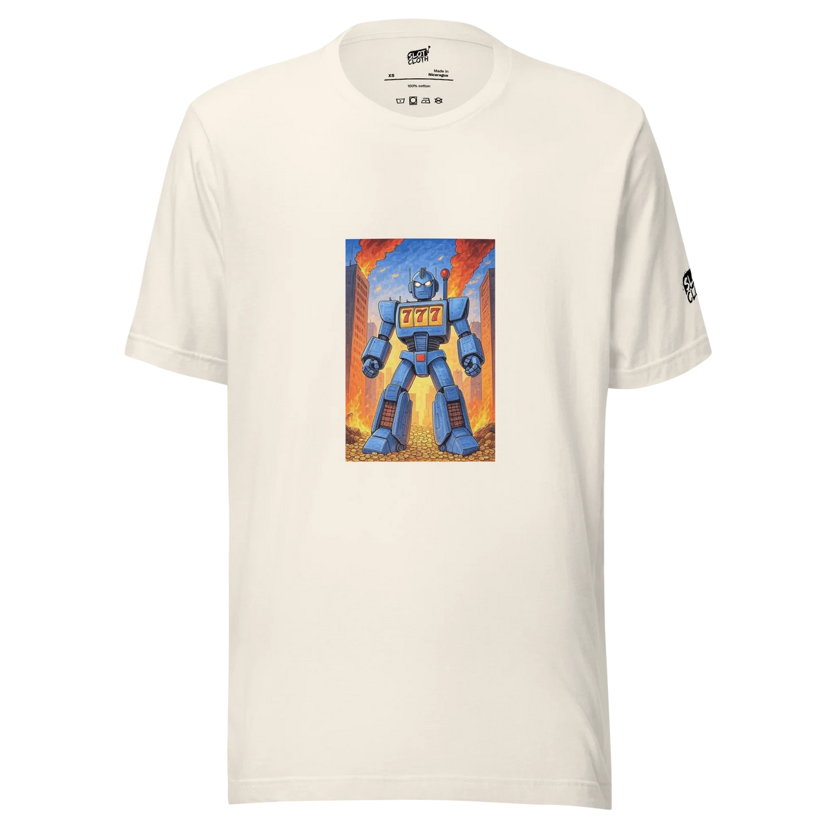 Blue robot with 777 slot design on cream t-shirt, fiery city backdrop