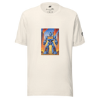 Blue robot with 777 slot design on cream t-shirt, fiery city backdrop