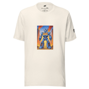 Blue robot with 777 slot design on cream t-shirt, fiery city backdrop