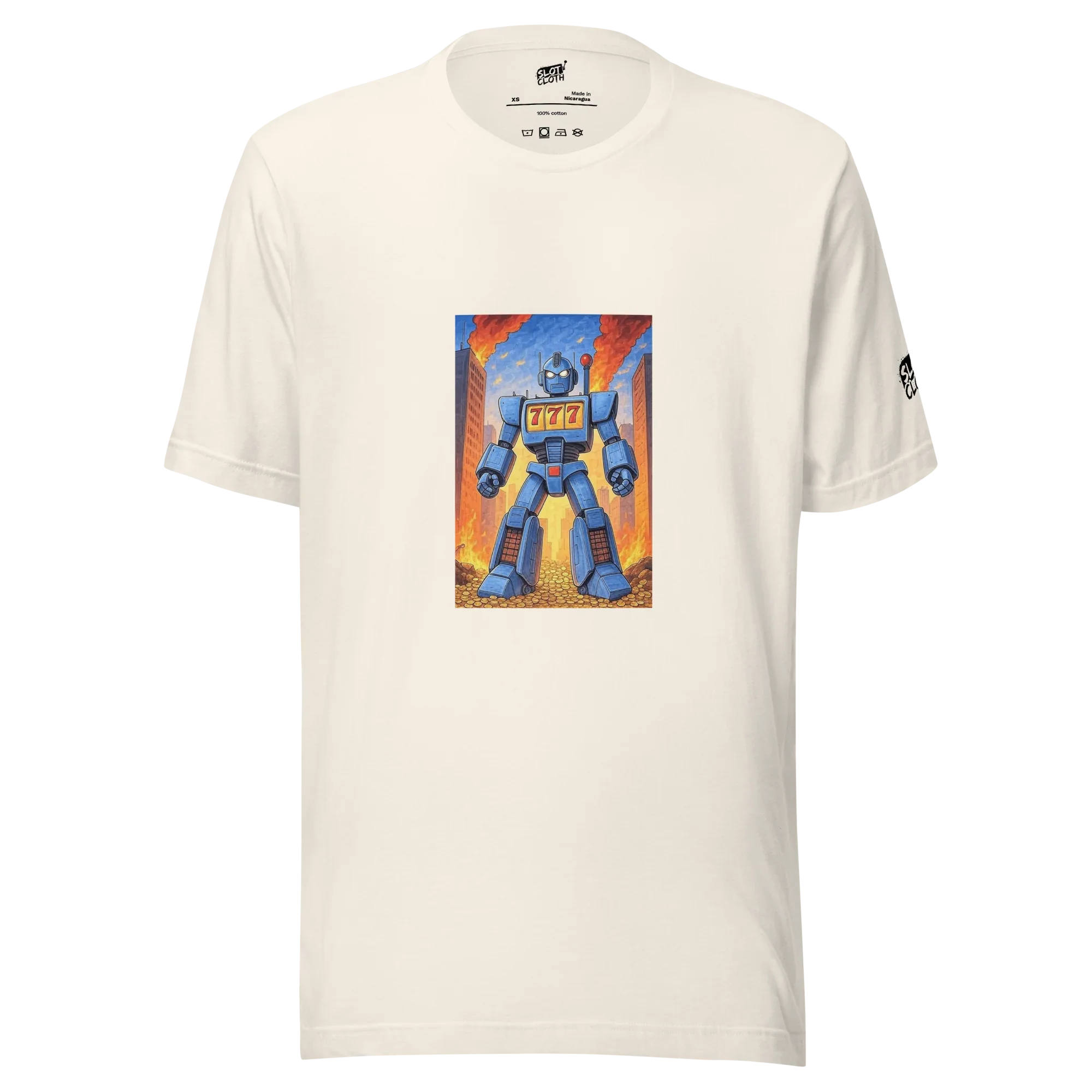 Blue robot with 777 slot design on cream t-shirt, fiery city backdrop