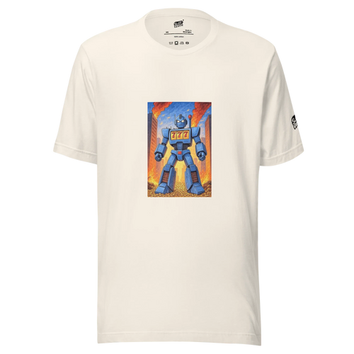 Blue robot with 777 slot design on cream t-shirt, fiery city backdrop