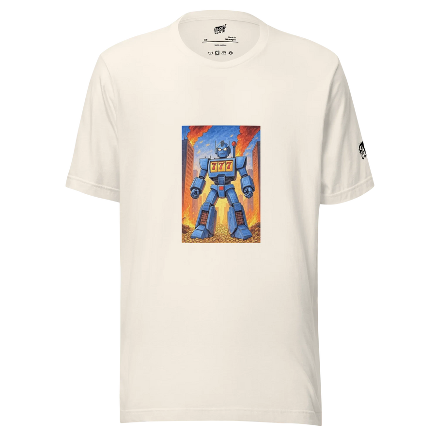 Blue robot with 777 slot design on cream t-shirt, fiery city backdrop