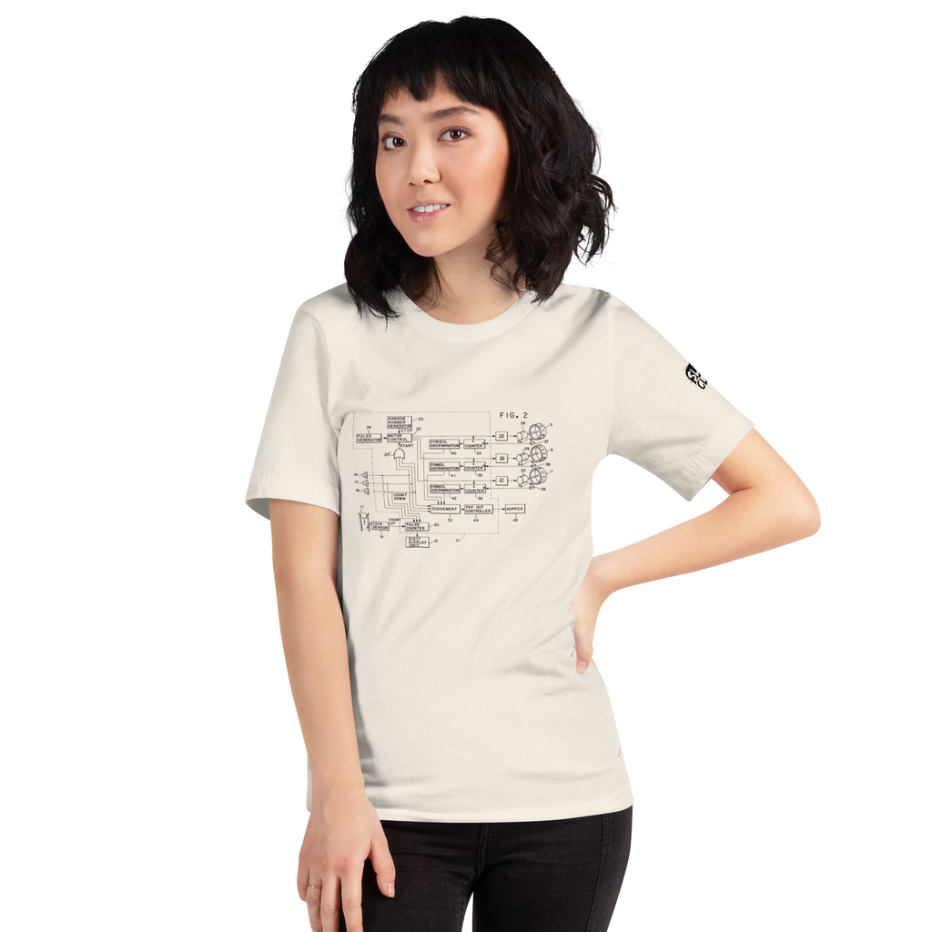 Woman wearing cream t-shirt with vintage slot machine schematic diagram, quirky gaming apparel for players