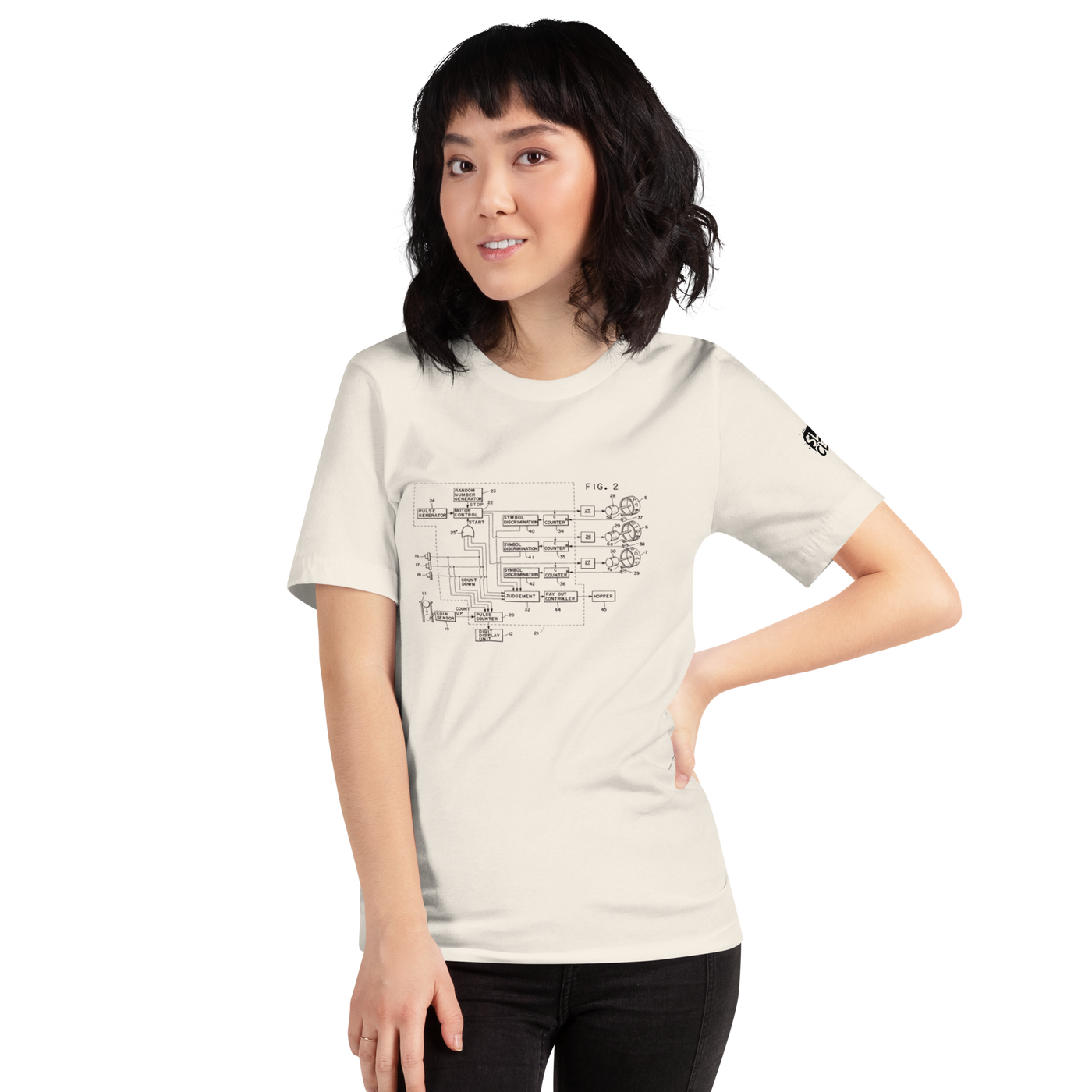 Woman wearing cream t-shirt with vintage slot machine schematic diagram, quirky gaming apparel for players