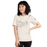 Woman wearing cream t-shirt with vintage slot machine schematic diagram, quirky gaming apparel for players