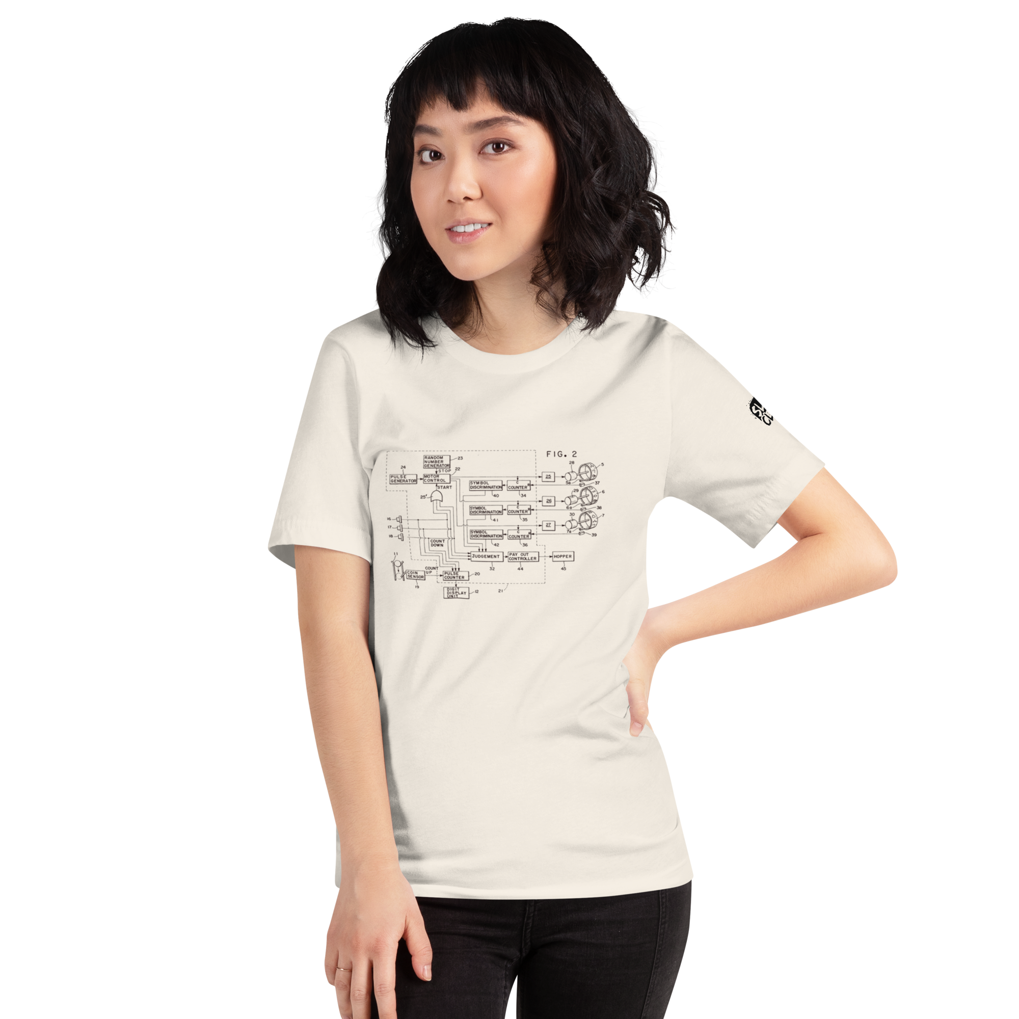 Woman wearing cream t-shirt with vintage slot machine schematic diagram, quirky gaming apparel for players
