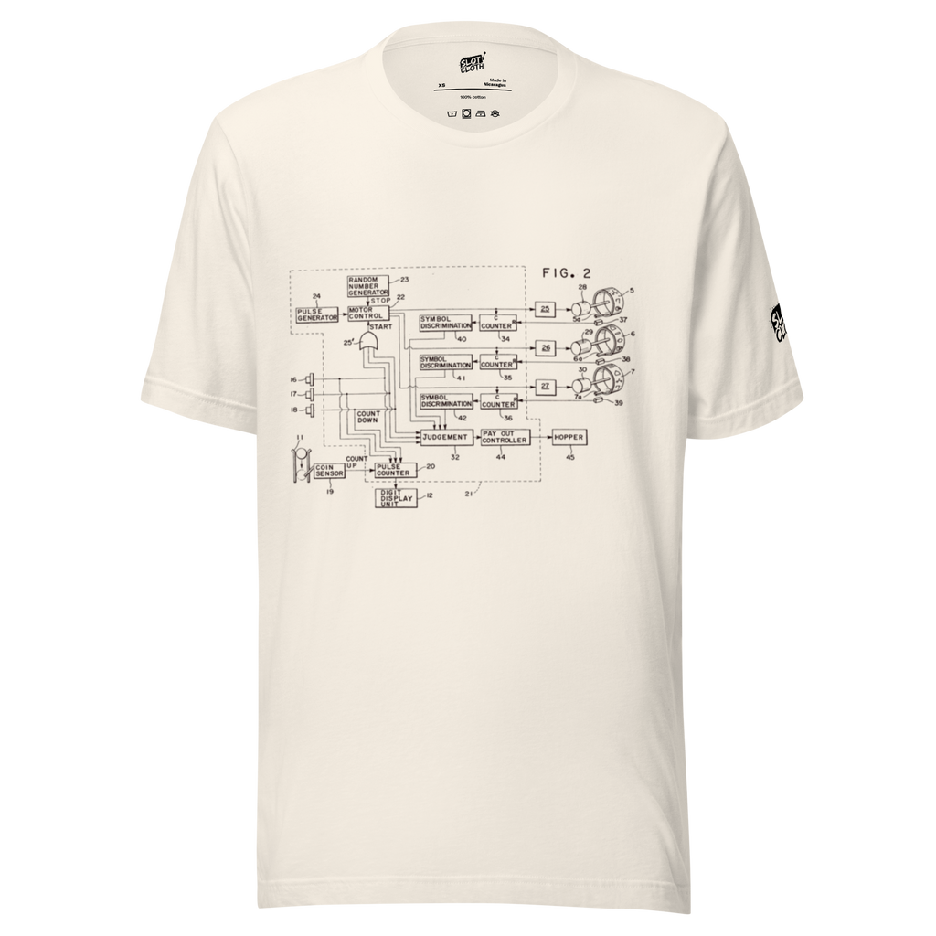 Cream t-shirt with vintage slot machine circuit diagram print, quirky gaming apparel for players