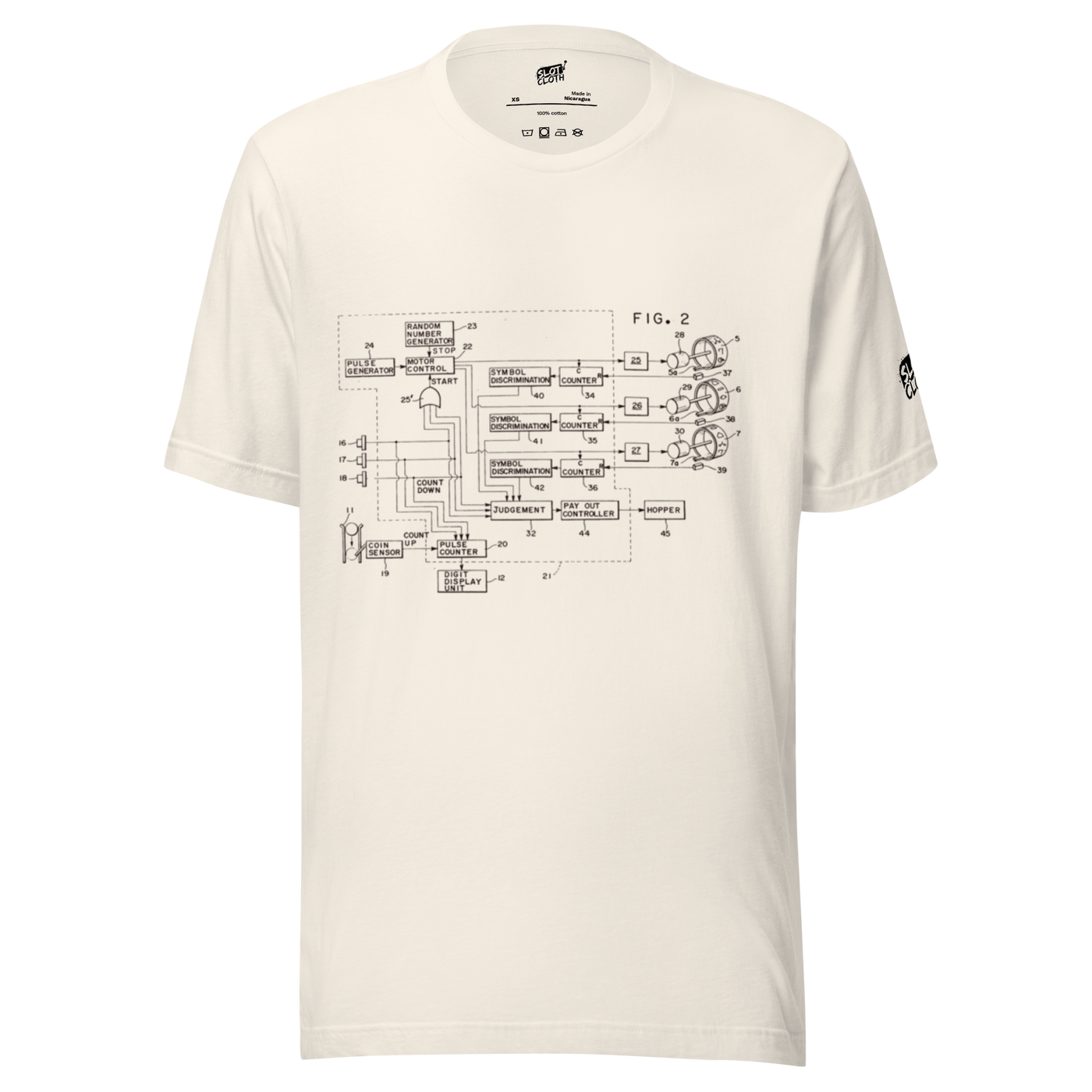 Cream t-shirt with vintage slot machine circuit diagram print, quirky gaming apparel for players