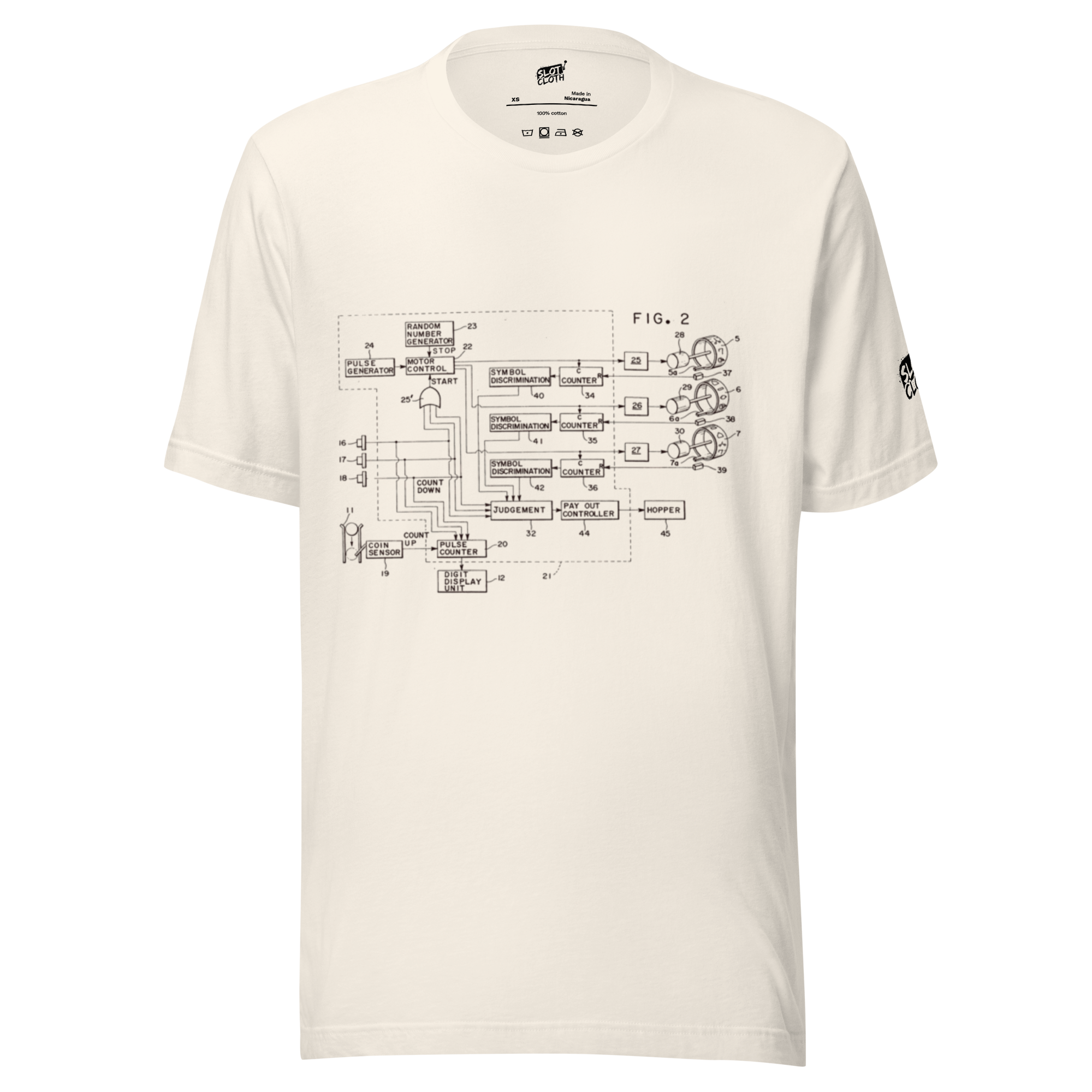 Cream t-shirt with vintage slot machine circuit diagram print, quirky gaming apparel for players