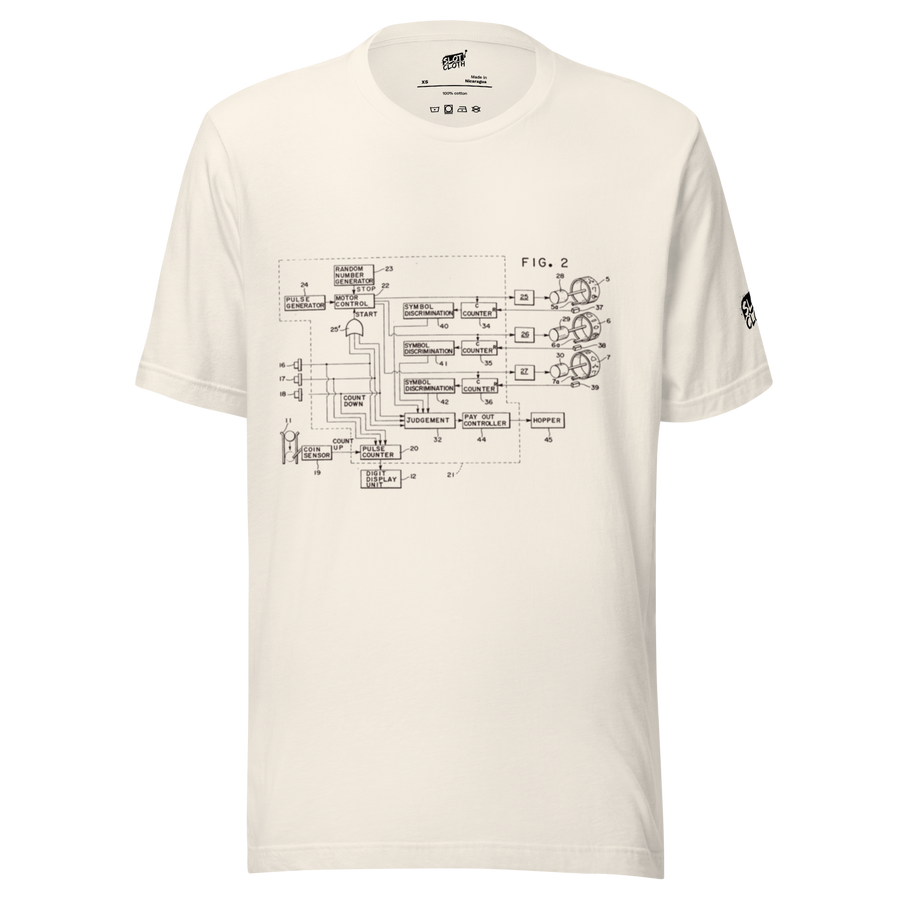 Cream t-shirt with vintage slot machine circuit diagram print, quirky gaming apparel for players