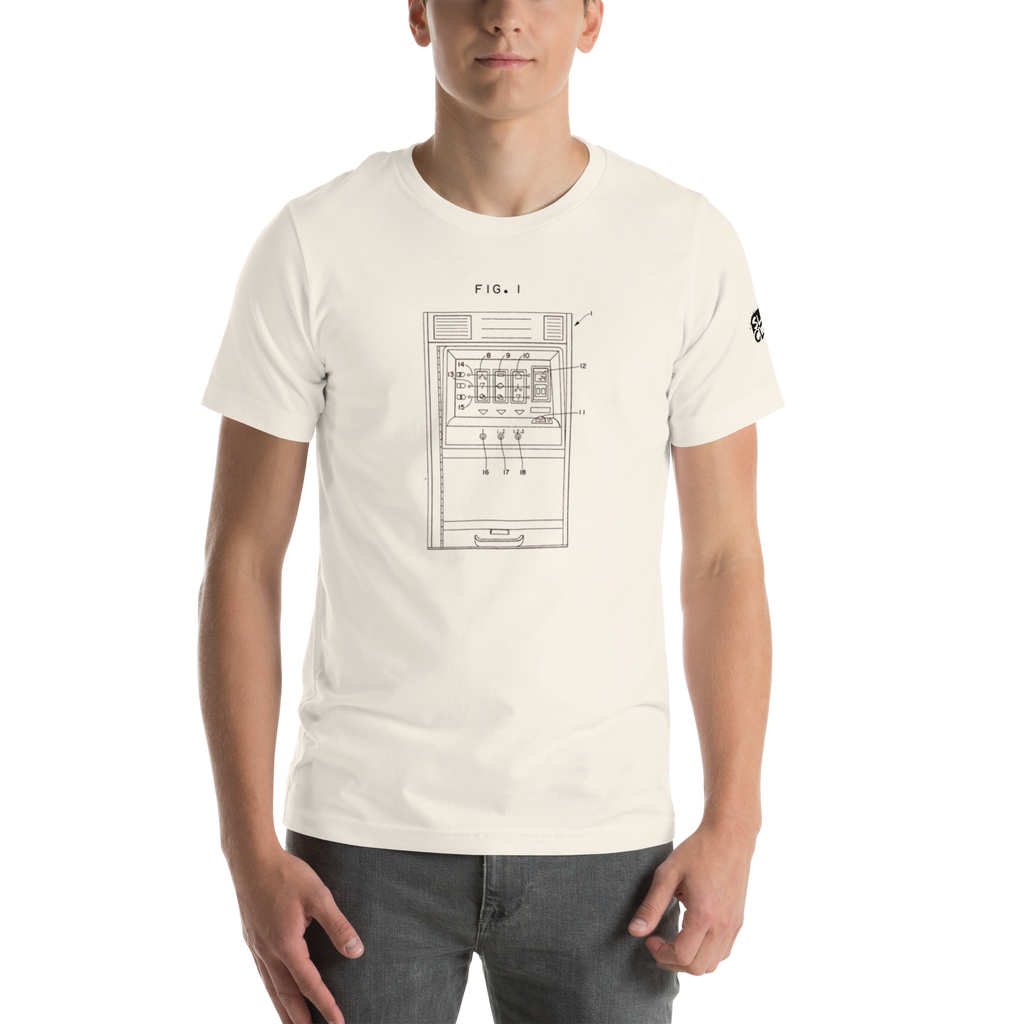 Cream t-shirt with vintage slot machine patent diagram design, quirky casino-themed apparel for players