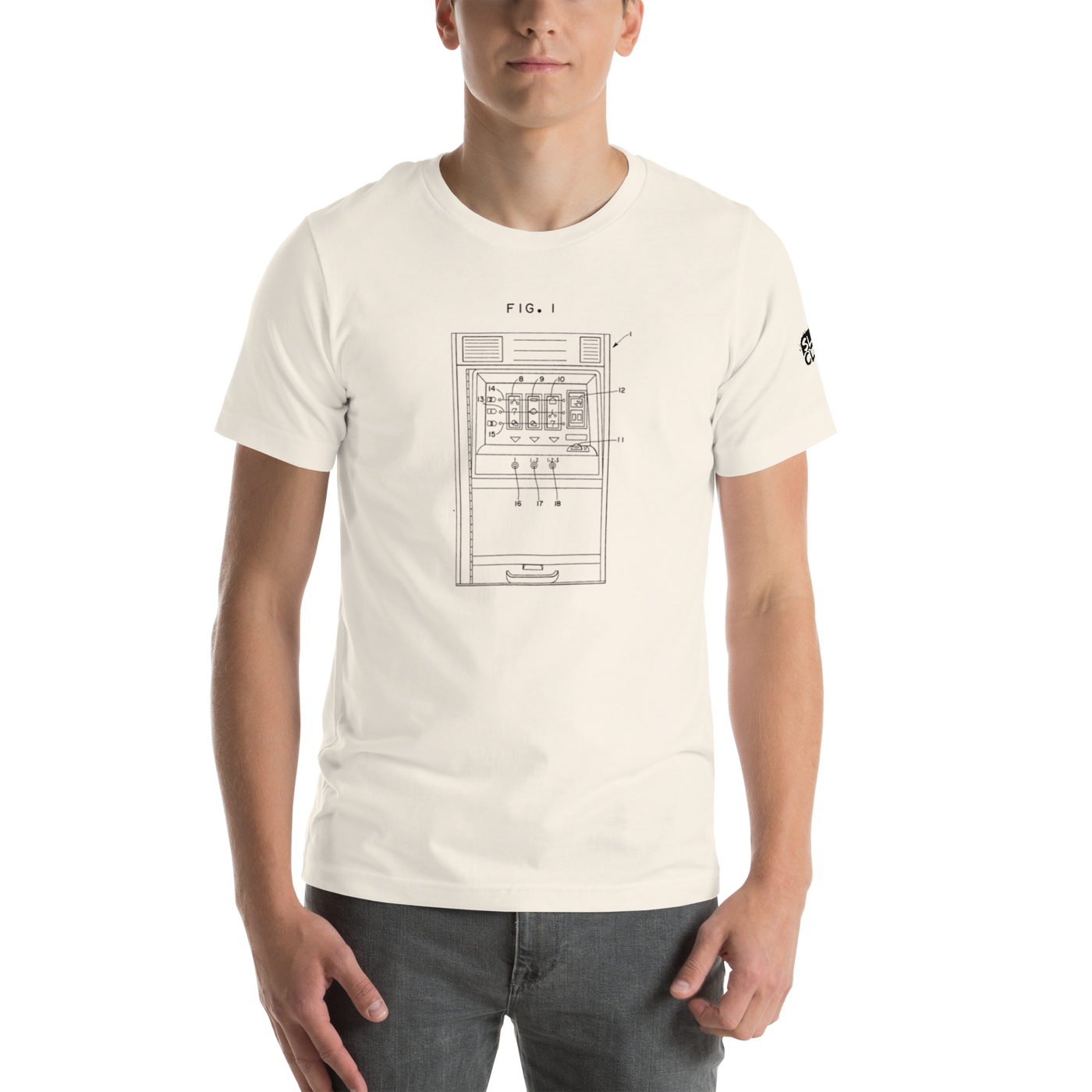 Cream t-shirt with vintage slot machine patent diagram design, quirky casino-themed apparel for players