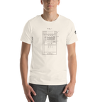 Cream t-shirt with vintage slot machine patent diagram design, quirky casino-themed apparel for players