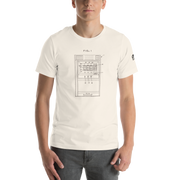 Cream t-shirt with vintage slot machine patent diagram design, quirky casino-themed apparel for players