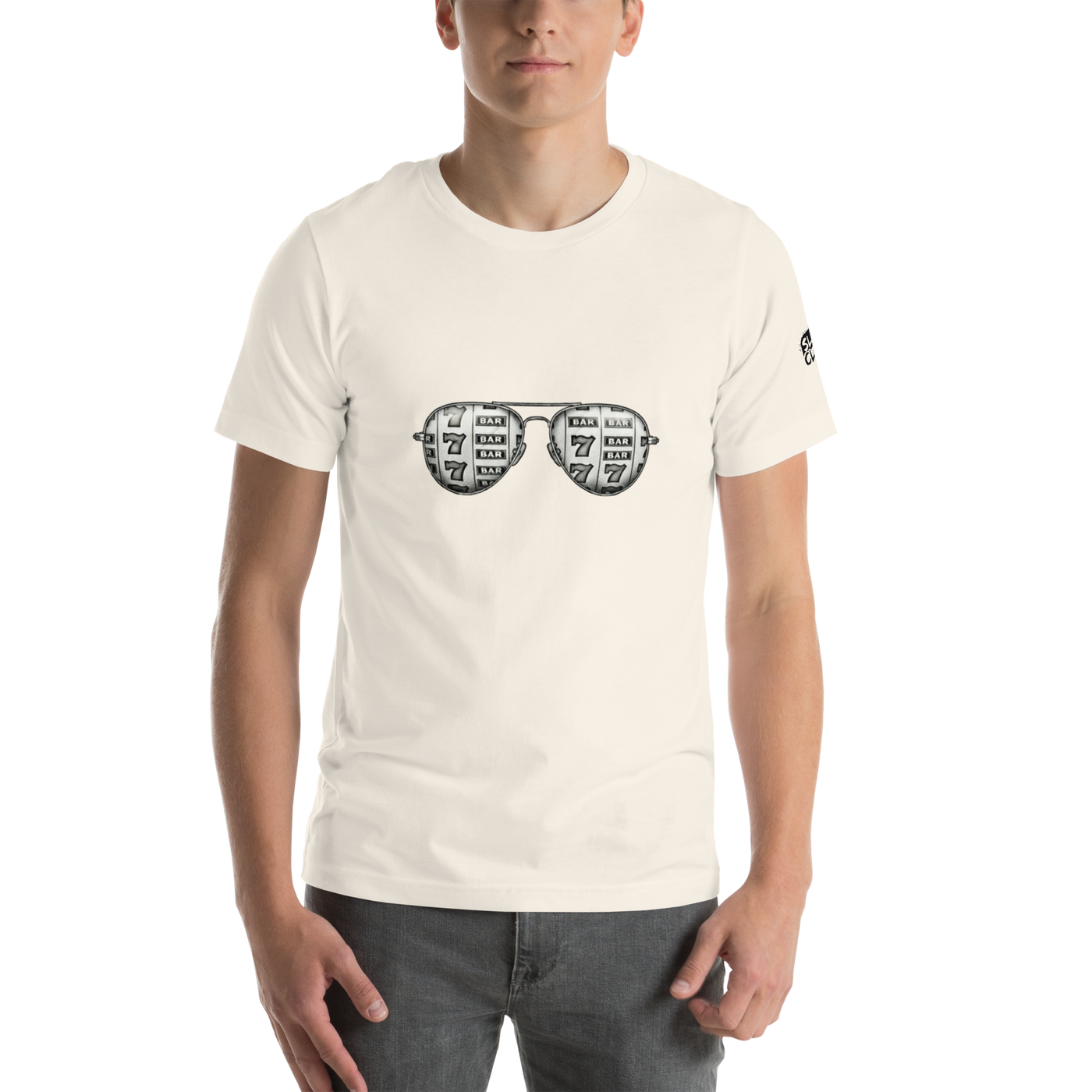 Slot-themed t-shirt with sunglasses design featuring 7s and BAR symbols for casino lovers