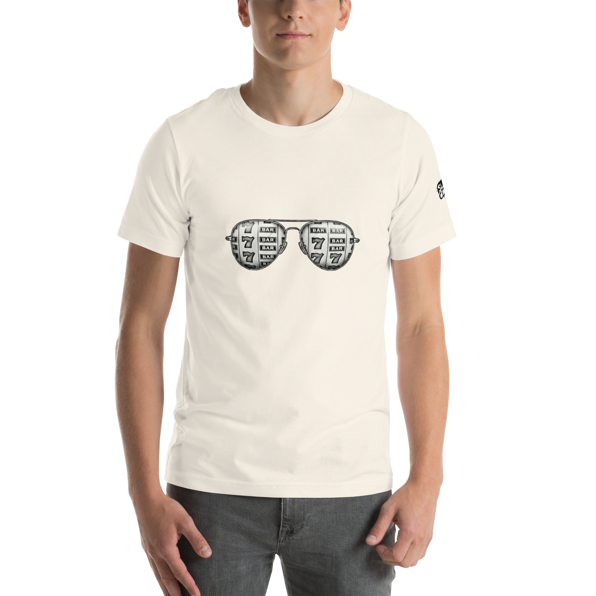 Slot-themed t-shirt with sunglasses design featuring 7s and BAR symbols for casino lovers