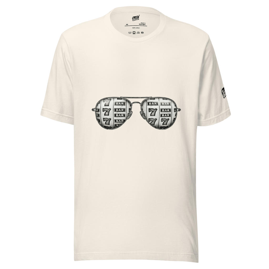 White t-shirt with slot machine sunglasses graphic, featuring 7s and BAR symbols for casino-themed fashion.