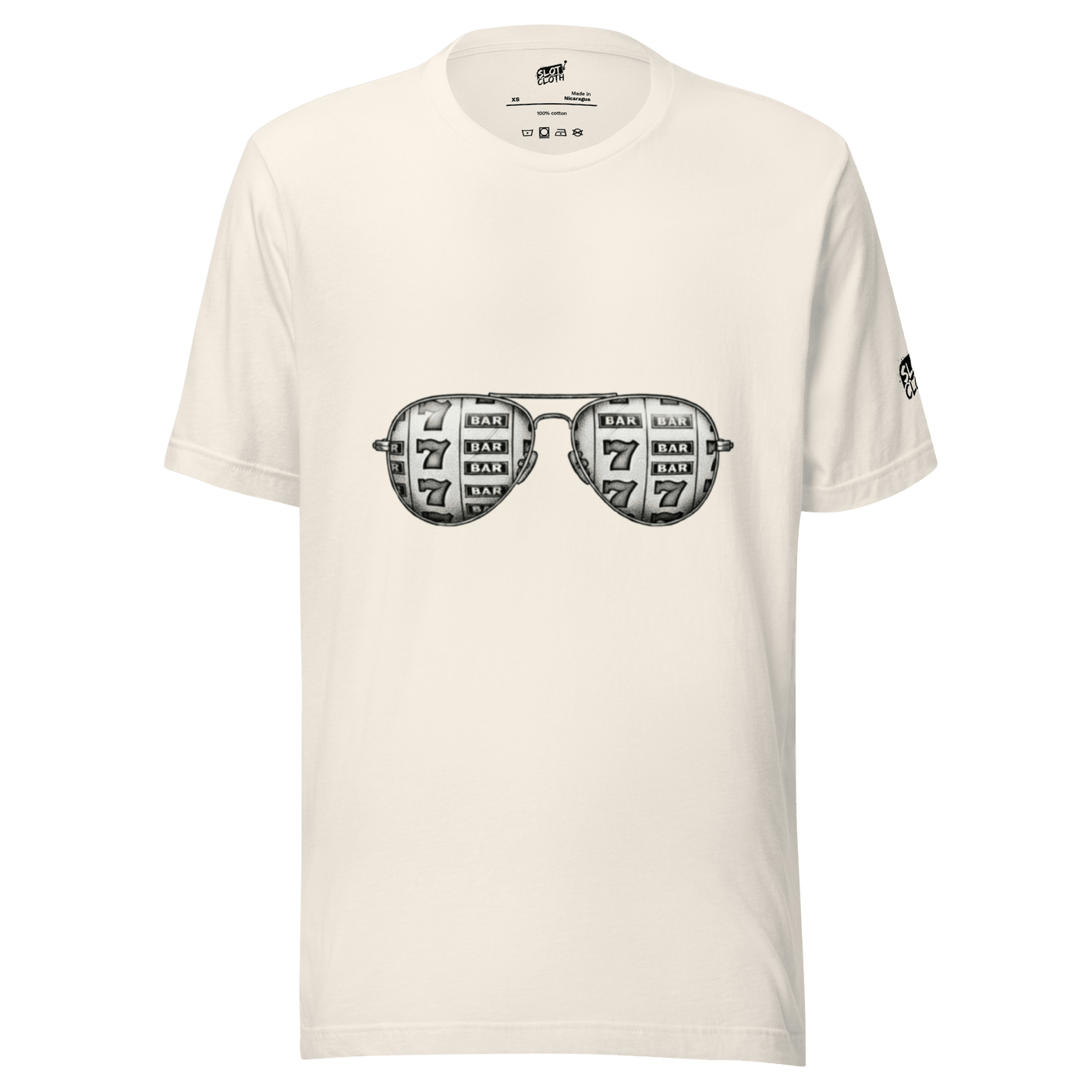 White t-shirt with slot machine sunglasses graphic, featuring 7s and BAR symbols for casino-themed fashion.