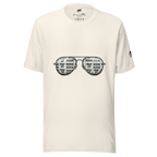 White t-shirt with slot machine sunglasses graphic, featuring 7s and BAR symbols for casino-themed fashion.