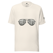 White t-shirt with slot machine sunglasses graphic, featuring 7s and BAR symbols for casino-themed fashion.