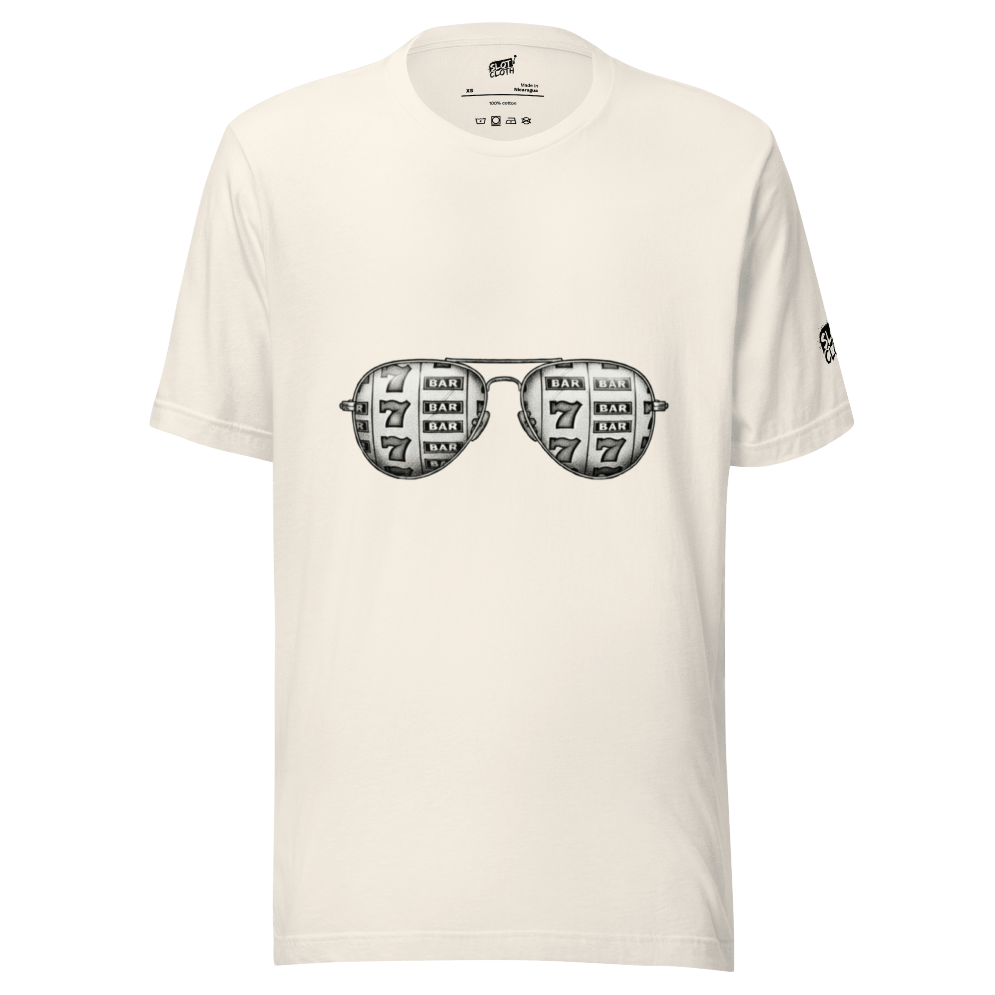 White t-shirt with slot machine sunglasses graphic, featuring 7s and BAR symbols for casino-themed fashion.