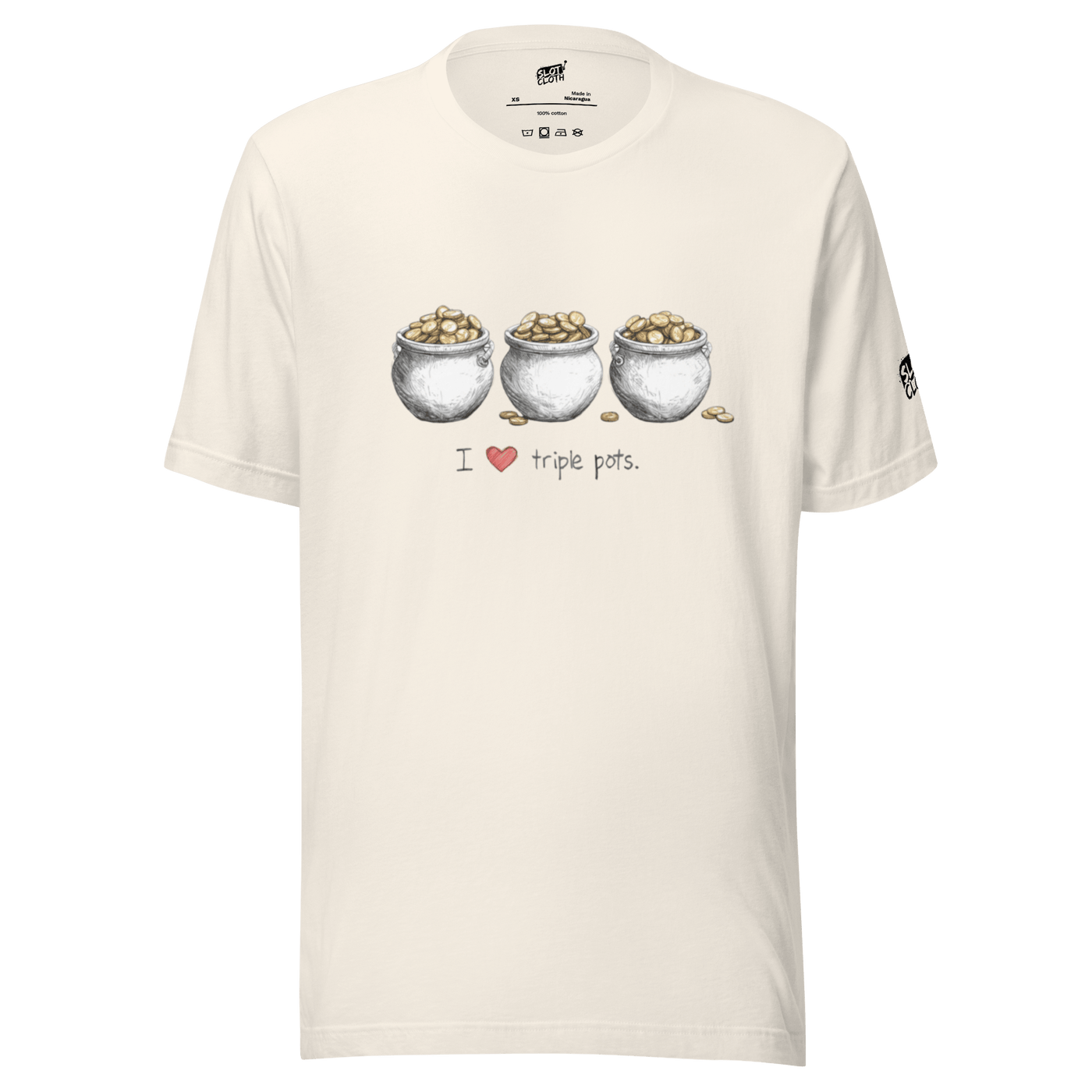 Cream t-shirt with 'I ❤️ triple pots' design featuring three pots of gold coins, slot-themed apparel