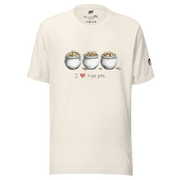 Cream t-shirt with 'I ❤️ triple pots' design featuring three pots of gold coins, slot-themed apparel