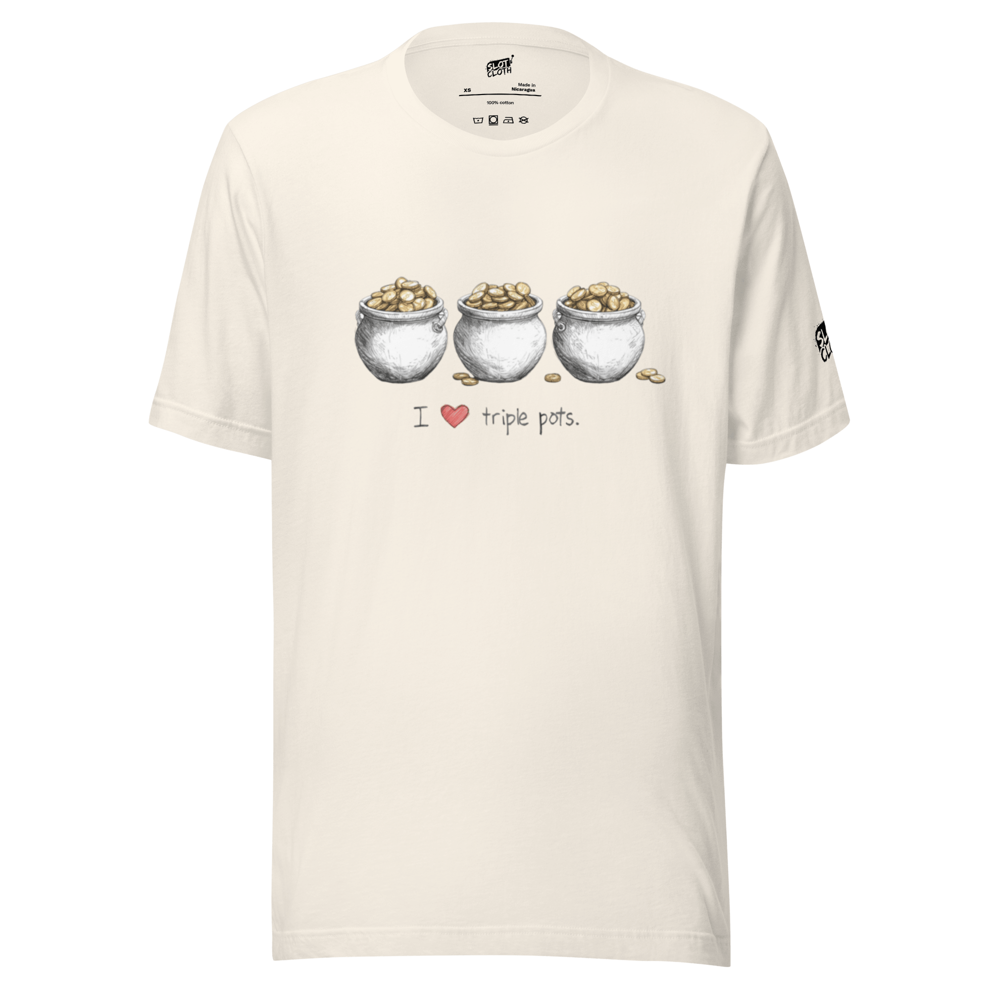 Cream t-shirt with 'I ❤️ triple pots' design featuring three pots of gold coins, slot-themed apparel